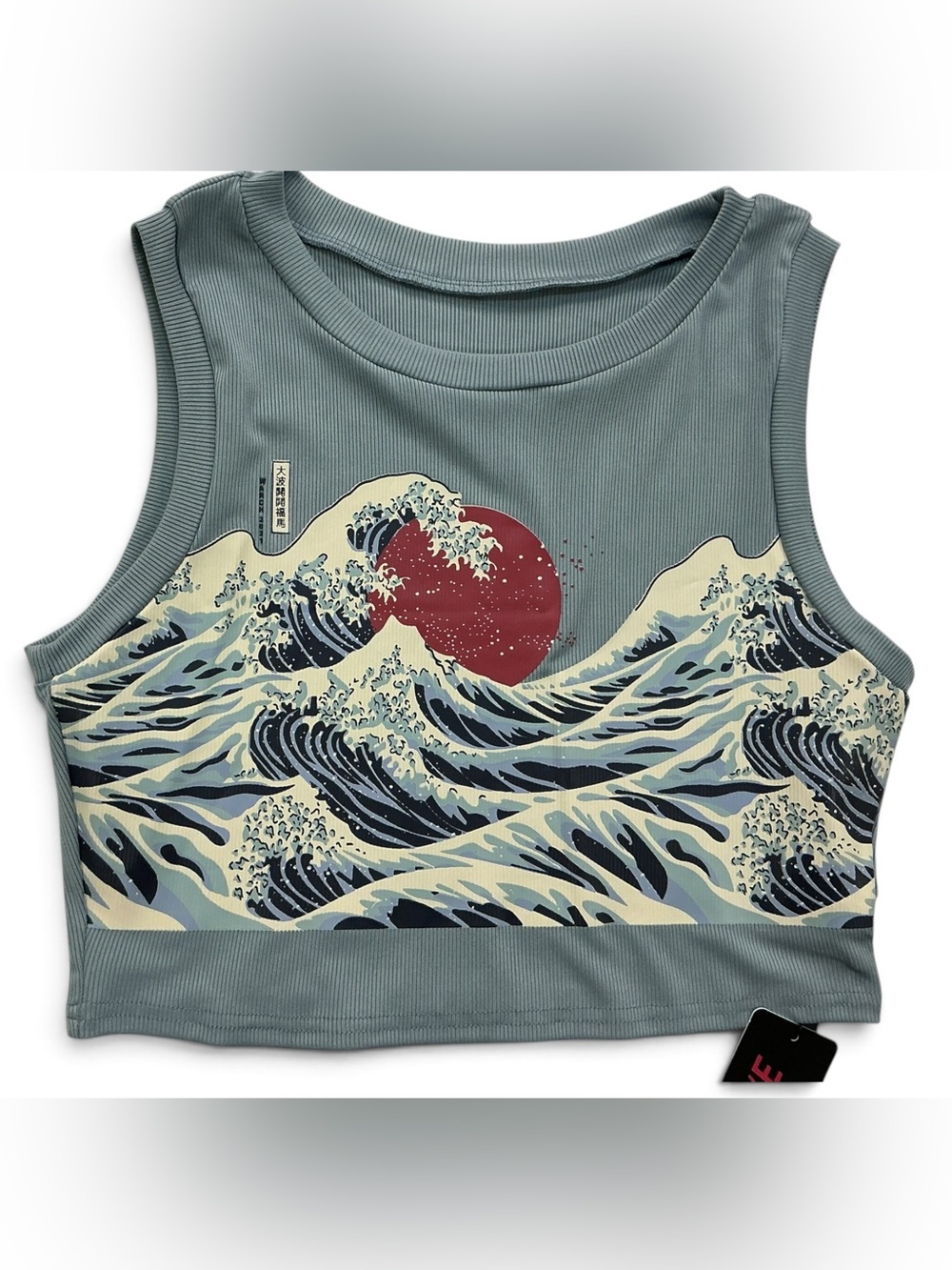 ROMWE Japanese Fashion Sun & Wave Graphic Ribbed Cropped Top-NWT in Dusty Blue-L